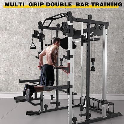 Smith Machine Strength Training Squat Rack with Smith Bar, Power Cage with LAT Pull-Down Systems, Cable Crossover Machine for Home Gym