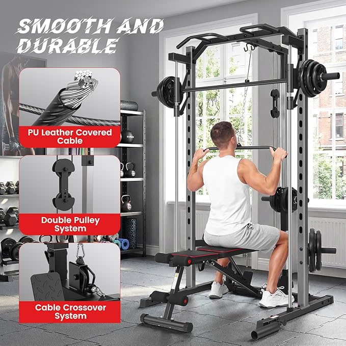OPPSDECOR All in One Smith Machine, 1400LBS Multi-Functional Smith Machine Home Gym, Squat Rack with LAT-Pull Down System, Power Rack with Barbell Bar, Power Cage with Attachments Full Body Training