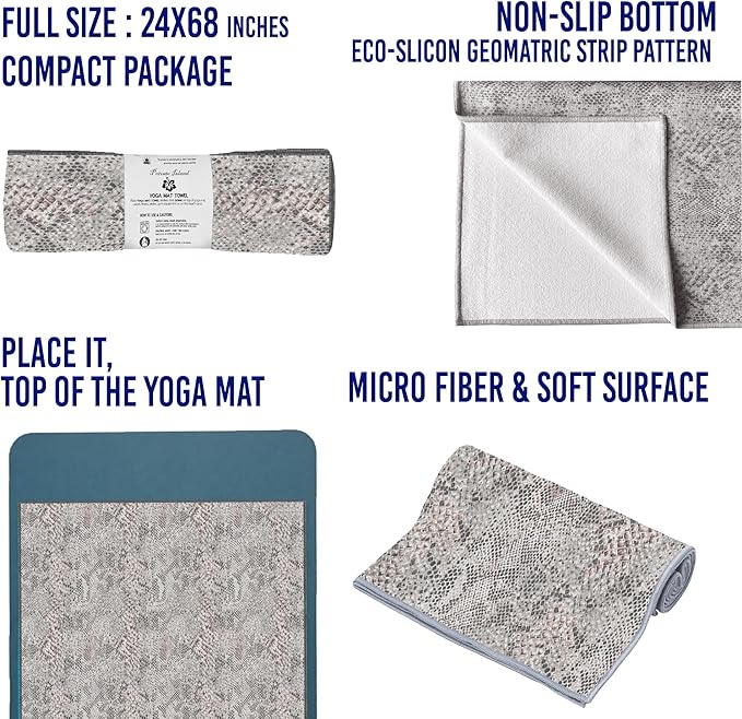Private Island Hot Yoga Beach Mat Towel Non Slip Recycling Microfiber Quick Dry Compact Sand Water Sports Gym Picnic Blanket Outdoor Camping 24”x68” (CROCGRAY, Large)