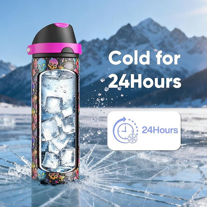 Insulated Water Bottle with Straw - Encool Stainless Steel Water Bottle with Push Button Lid, Leak-Proof & BPA-Free, Keeps Cold for 24 Hours for Sports, Travel, Gym (24 oz, Trippy Skulls)
