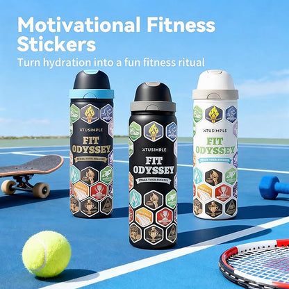 24 oz Motivational Insulated Stainless Steel Water Bottle for Sports, Gym & Travel, 2-in-1 Push-Button Spout & Quick-Flip Straw, Leak-Proof BPA-Free, Keeps Cold 30H, with DIY Fitness Stickers