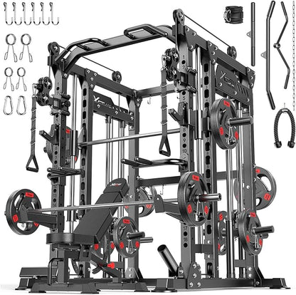 Multi-Purpose Squat Rack,Smith Machine Weight Rack Set with Cable Crossover System, Home Gym Power Racks, Power Racks and Packages