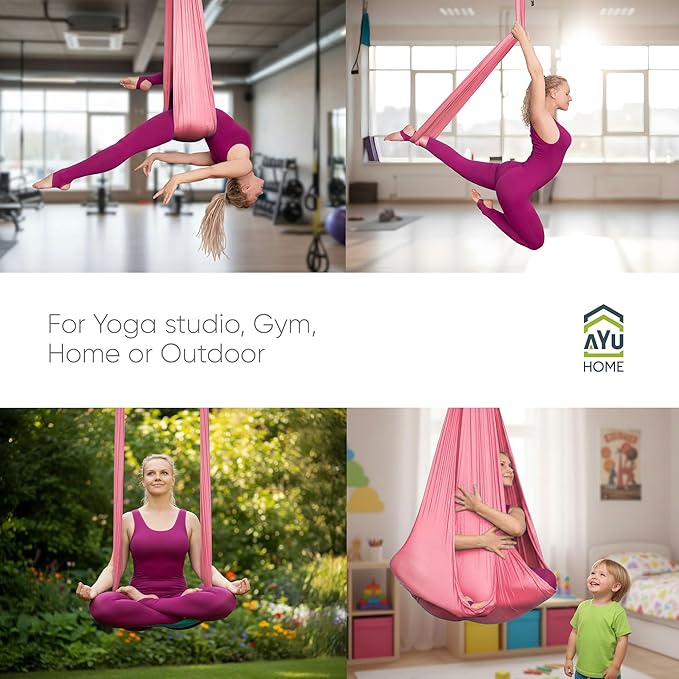 AyuHome Aerial Silks Kit for Home - Premium Yoga Swing for Kids and Adults with 660 lbs Capacity - Versatile Aerial Yoga Hammock for Gymnastics Training