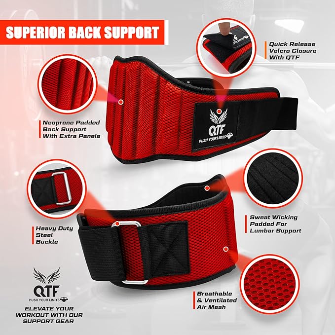 QTF Fitness Neoprene Weight Lifting Belt - Adjustable 6" Gym Support for Stability & Lumbar Support - Sweat Resistant Weightlifting Belt for Men & Women for Squats, Deadlifts & Bench Presses