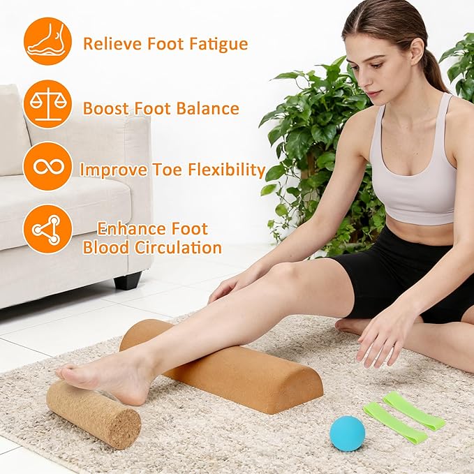 Cork Balance Board,4-in-1 Foot & Ankle Strengthener Kit-Ankle & Foot Strengthener Balance Trainer with Massage Roller & Ball,Natural Cork Foot Strengthener,Improve foot Functio,Enhance ankle strength,Balance Stability, Prevent Falls.