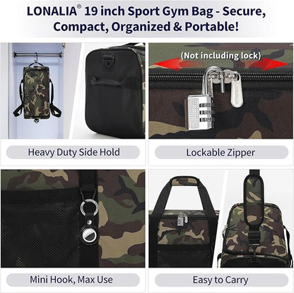 35L Sports Gym Duffle Bag - 19 inch Weekender Duffel for Workout, Basketball, Fitness, Training(Camo)
