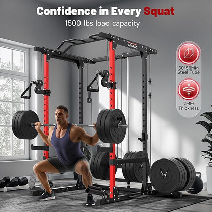 Sportsroyals Squat Rack, LAT Power Cage, Power Rack Multi-Function with Pulley System and Training Attachments for Home Gym
