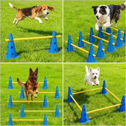 Dog Agility Hurdle Cone Set, 10er 12.5Inch Agility Cones and 5er 31.5Inch Agility Rods, Height Adjustable Crossbar for Dog Obstacle Course Rehabilitation & Beginners