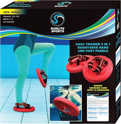 Sunlite Sports Aqua Trainer 2-in-1 Resistance Hand and Feet Paddle, Water Aerobics Set for Pool, Adult Aquatic Exercise for Aqua Workout, Low Impact Upper Lower Body Workouts