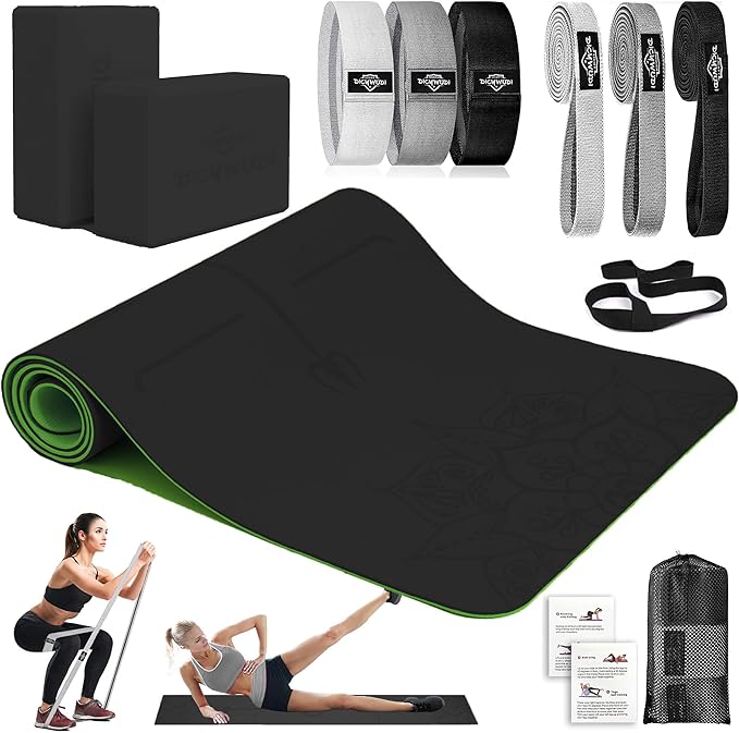 Yoga Mat Thick, 6 Fabric Resistance Bands, 2 Pack Yoga Blocks, Home Workout Equipment Essentials Starter Kit for Beginners Full Body Toning
