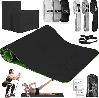 Yoga Mat Thick, 6 Fabric Resistance Bands, 2 Pack Yoga Blocks, Home Workout Equipment Essentials Starter Kit for Beginners Full Body Toning