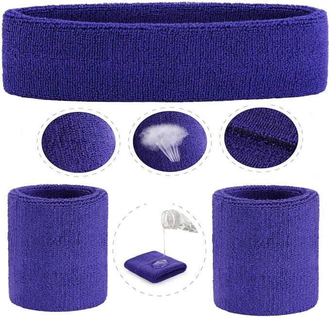 ONUPGO Sweatband Set Sports Headband Wristband Set Sweatbands Terry Cloth Wristband Wrist Sweatband Headbands Moisture Wicking Sweat Absorbing Head Band