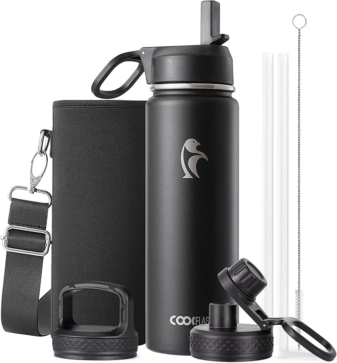 Coolflask Water Bottle 20 oz Insulated with Straw, Stainless Steel Metal 3 Lids Water Flask Wide Mouth for Sports or Office, Non-BPA Keep Cold Up to 48 Hrs or Hot Up to 24 Hrs, Magic Black