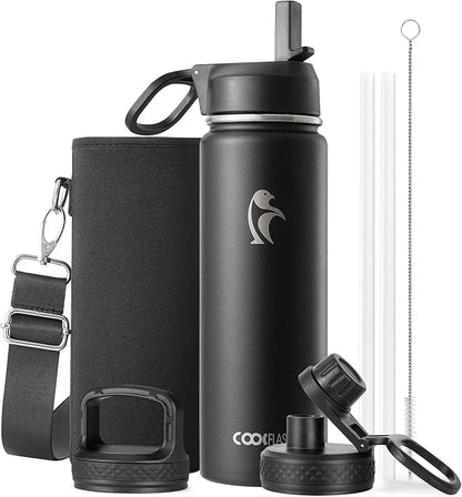 Coolflask Water Bottle 20 oz Insulated with Straw, Stainless Steel Metal 3 Lids Water Flask Wide Mouth for Sports or Office, Non-BPA Keep Cold Up to 48 Hrs or Hot Up to 24 Hrs, Magic Black