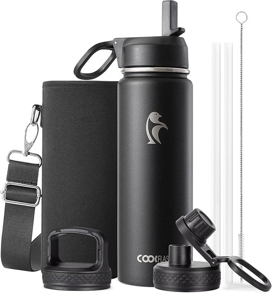 Coolflask Water Bottle 20 oz Insulated with Straw, Stainless Steel Metal 3 Lids Water Flask Wide Mouth for Sports or Office, Non-BPA Keep Cold Up to 48 Hrs or Hot Up to 24 Hrs, Magic Black