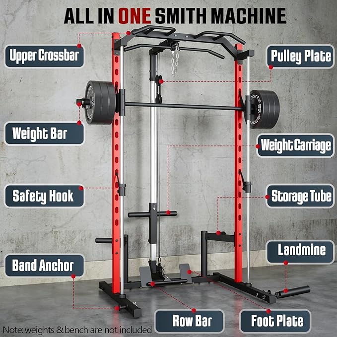 OPPSDECOR All-in-One Adjustable Smith Machine with LAT-Pull Down System Multi-Function Power Cage for Home Gym Cable Crossover Squat Rack of Workout Machine Training Equipment with Attachments