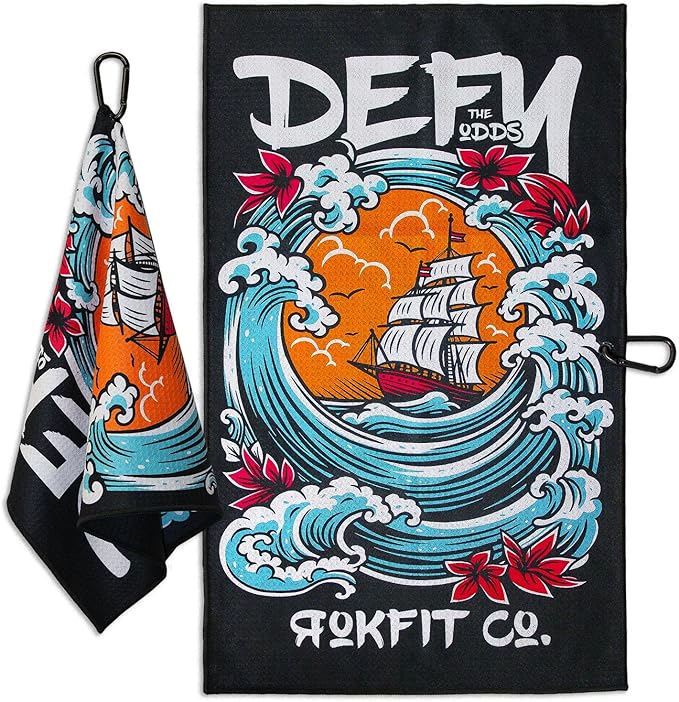 RokFit Gym & Golf Towel – Multi-Use, Quick-Dry, Durable Utility Towel with Bold Graphic and Carabiner Clip (Defy The Odds)