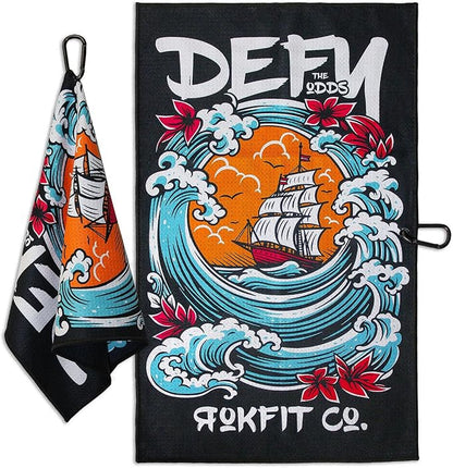 RokFit Gym & Golf Towel – Multi-Use, Quick-Dry, Durable Utility Towel with Bold Graphic and Carabiner Clip (Defy The Odds)