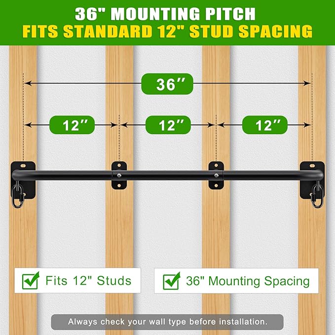 SELEWARE Heavy Duty Wall Mount Pull Up Bar, Joist Mount Chin Up Bar for Doorway, Sturdy Steel Construction, w/Resistance Band Hooks, Fits 32"/36" Wall Studs for Home Gym Strength Training