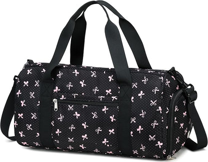 Gym Bag Sports Duffle Bag with Wet Pocket Weekender Overnight Bag with Waterproof Shoe Compartment for Girls Kids Women Travel Dance Yoga Workout Bag (Bow Pink-Black)