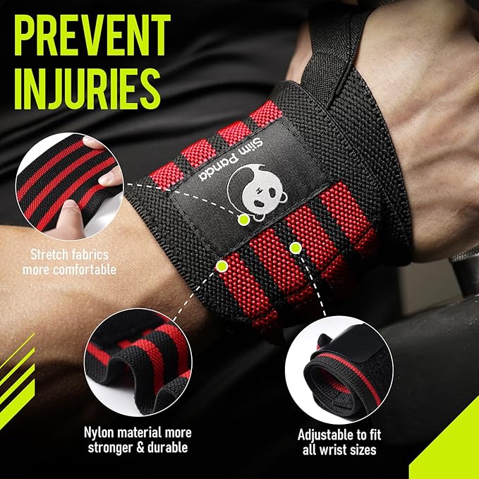 Slim Panda Wrist Wraps for Powerlifting & Weightlifting - Adjustable 18" Straps with Thumb Loops | Heavy Duty Wrist Support for Deadlift, Bench Press, Squats, 1 Pair
