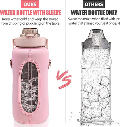 Half Gallon Water Bottle with Sleeve, 64OZ Motivational Water Bottle with Straw & Time Marker, BPA Free Leakproof Gym for Sport Workout