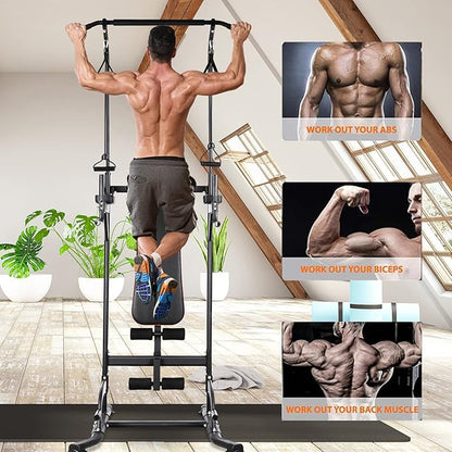 TLSUNNY Power Tower with Bench, Pull Up Bar Dip Station, Power Tower Dip Station, Training Workout Equipment, Height Adjustable Pull Up Tower w/Folding Bench 4 Ropes, Strength Training, Home Gym