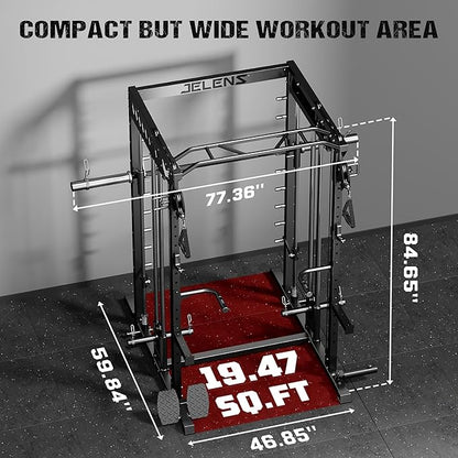 M21 Smith Machine, Multi-Function Power Cage with Dual Pulley Cable Crossover System, 2000LBS All-in-One Squat Rack with Smith Bar and Attachments for Home Gym Strength Training