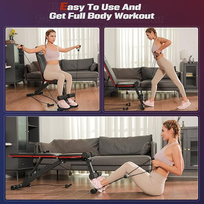 FLYBIRD Foldable Weight Bench with Resistance Bands, 8 Backrests Fast Adjustable FID for Home Gym Full Body Workout, Easy to Storage for Small Apartment