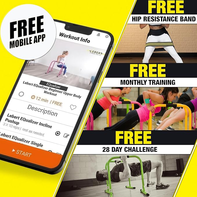 Lebert EQualizer Total Body Strengthener – Portable Dip Station for Full Bodyweight Training – Includes Hip Resistance Band & Online Coaching – Available in Standard & XL Sizes
