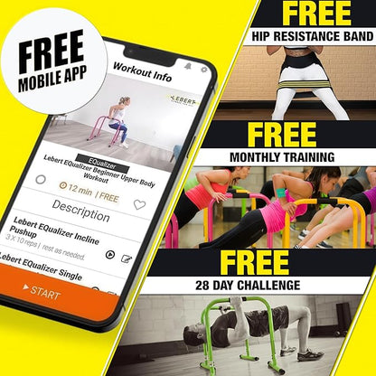 Lebert EQualizer Total Body Strengthener – Portable Dip Station for Full Bodyweight Training – Includes Hip Resistance Band & Online Coaching – Available in Standard & XL Sizes
