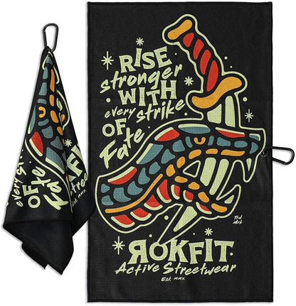RokFit Gym & Golf Towel – Multi-Use, Quick-Dry, Durable Utility Towel with Bold Graphic and Carabiner Clip (Rise Stronger, Strike of Fate)