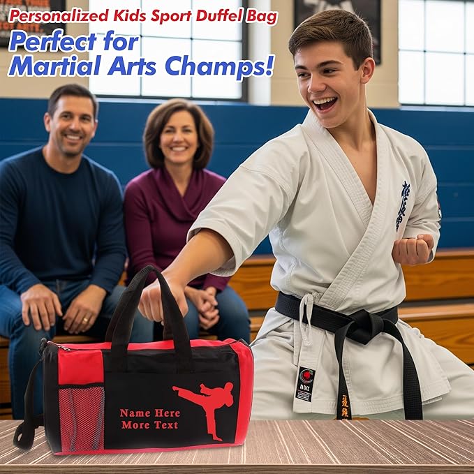 KishKesh Personalized Sport Duffel Bag – Ideal for Martial Arts, Gym, Travel, Training & Workout Essential for Male – Durable, Customizable Name & Text for Kids and Adults – Red, 18" X 10" X 8"
