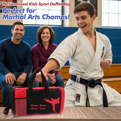 KishKesh Personalized Sport Duffel Bag – Ideal for Martial Arts, Gym, Travel, Training & Workout Essential for Male – Durable, Customizable Name & Text for Kids and Adults – Red, 18" X 10" X 8"