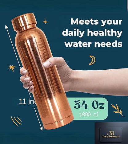 Copper Water Bottle 34 Oz Large Copper Water Bottle For Drinking 100% Pure Ayurvedic Vessel For Leak-Proof Lid Bottle for Yoga, Gym, Office, Home