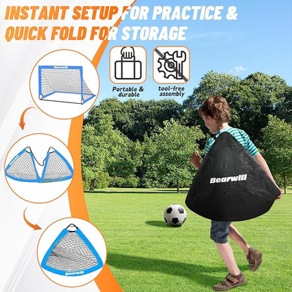 Bearwill Soccer Goal, Kids Soccer Goals for Backyard Set of 2, 4x3ft Portable Soccer Goal Pop Up Soccer Net, Kids Soccer Net Training Equipment with Soccer Ball, Ladder, Cones, Targets
