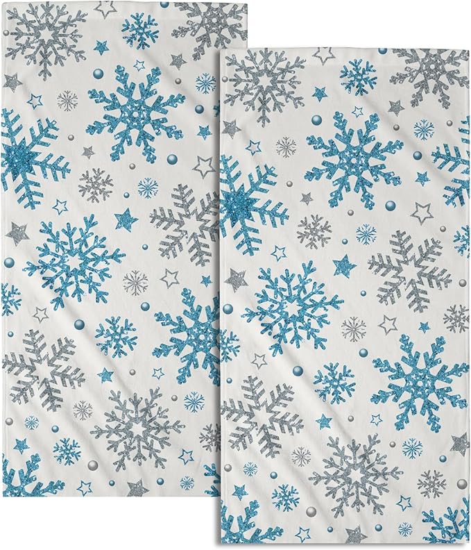 Winter Snowflake Hand Bath Towels Xmas Blue Silver Snowflakes 2 Pcs Christma Absorbent Quick Dry Fingertip Towel Washcloths Holiday Theme Kitchen Tea Dish Towels for Home Shower Hotel Gym 14"x28"
