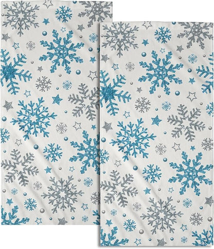 Winter Snowflake Hand Bath Towels Xmas Blue Silver Snowflakes 2 Pcs Christma Absorbent Quick Dry Fingertip Towel Washcloths Holiday Theme Kitchen Tea Dish Towels for Home Shower Hotel Gym 14"x28"