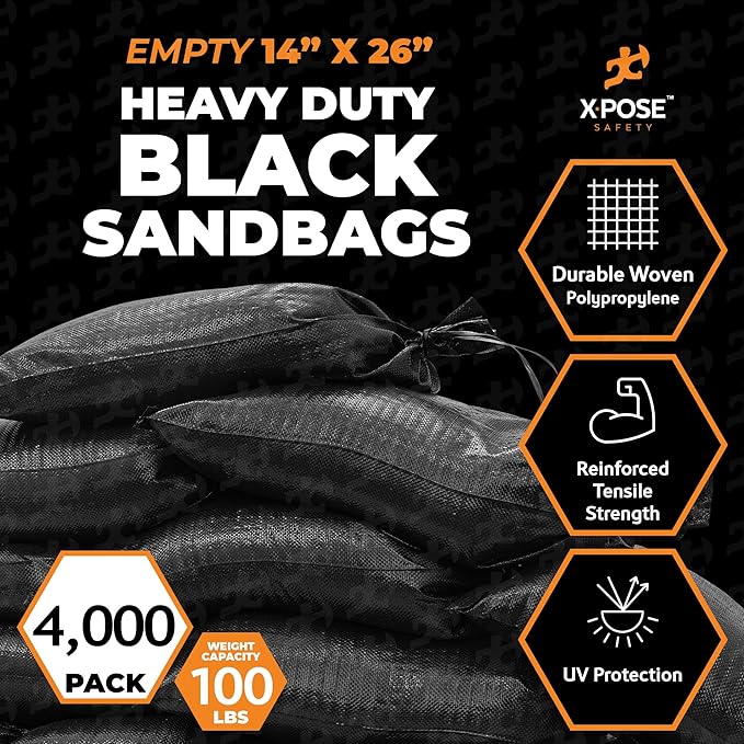 Xpose Safety Heavy Duty Sand Bags with Tie Strings – Empty Woven Polypropylene Sandbags for Hurricane Flood Protection, 100 lb Capacity, 14" x 26", Black, Bulk Half Pallet Pack of 4000