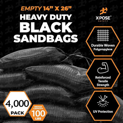 Xpose Safety Heavy Duty Sand Bags with Tie Strings – Empty Woven Polypropylene Sandbags for Hurricane Flood Protection, 100 lb Capacity, 14" x 26", Black, Bulk Half Pallet Pack of 4000