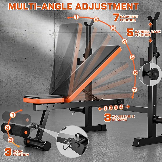 Fostoy 770lbs Weight Bench Set with Squat Rack, 5 in 1 Workout Bench Press With Removable Foot Catch, Adjustable Flat Incline Sit Up Bench for Home Gym Full Body Strength Training