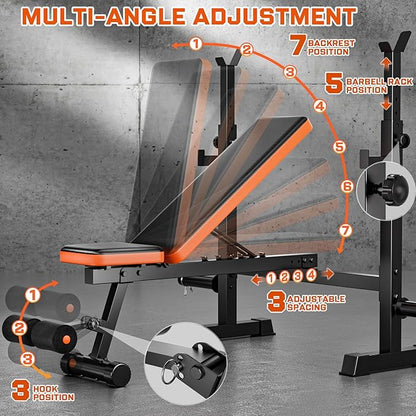 Fostoy 770lbs Weight Bench Set with Squat Rack, 5 in 1 Workout Bench Press With Removable Foot Catch, Adjustable Flat Incline Sit Up Bench for Home Gym Full Body Strength Training