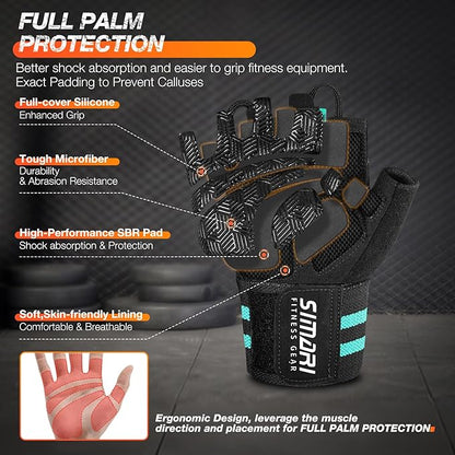SIMARI Workout Gym Gloves for Men Women, Weight Lifting Gloves with Wrist Wrap Support, SBR Pad Grip for Full Palm Protection, for Exercise, Fitness, Dumbbells, Barbell, Climbing, Fingerless
