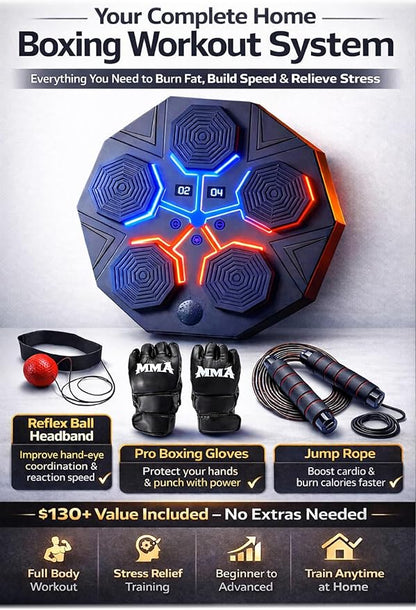 Music Boxing Machine for Adults, Bluetooth Wall Mounted Punching Machine, Interactive Boxing Trainer with LED Targets, Pro Boxing Gloves & Reflex Ball Headband, Home Gym Cardio Workout Training