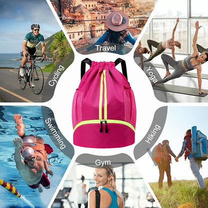 Hoedia Sports Drawstring Backpack - String Swim Gym Bag with Shoes Compartment and Wet Proof Pocket for Women&Men