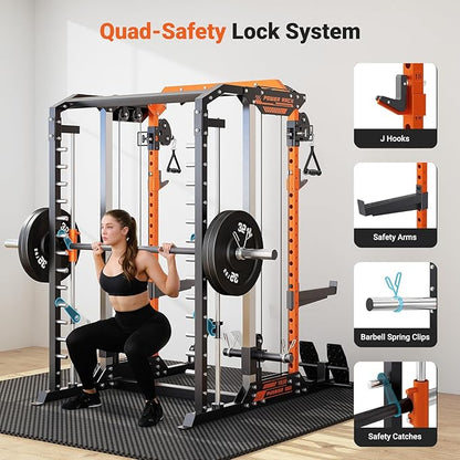 YOLEO Smith Machine & Squat Rack Combo, Multi-Functional Power Racks with Adjustable Width & Pull-Up Bar, Cable Crossover Power Cage, Independent Dual-Pulley System for Home Gym Garage Basement