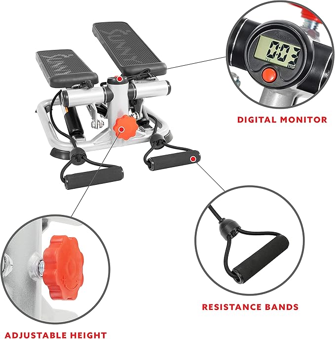 Sunny Health & Fitness Mini Steppers for Exercise at Home, Stair Step Workout Machine, Full Body Cardio Equipment, with Optional Free SunnyFit App Connection and Resistance Band
