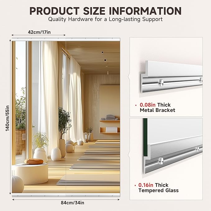 Home Gym Mirror, 55" x 17", 2PCS Large Full Body Mirror for Yoga, Silver Frameless HD Tempered Glass, Shatterproof Wall-Mounted Wall Mirrors for Home Gym, Workout, Garage, Dance Studio
