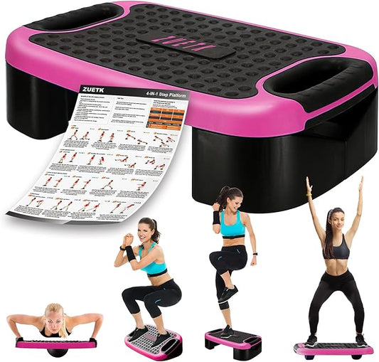 4-In-1 Balance Board and Stepper Exercise Platform - Aerobic Step Adjustable Home Workout Slant Board, Non Slip Soft cushion - With Home Workout Suggestions
