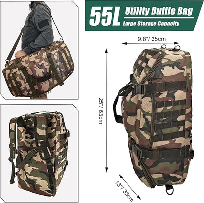 55L Large Duffle Bag, 3-in-1 Tactical Backpack MOLLE Pack for Sports, Gym, Outdoor, Woodland